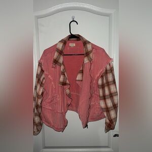 POL Women's Pink and Brown Plaid Jean Jacket